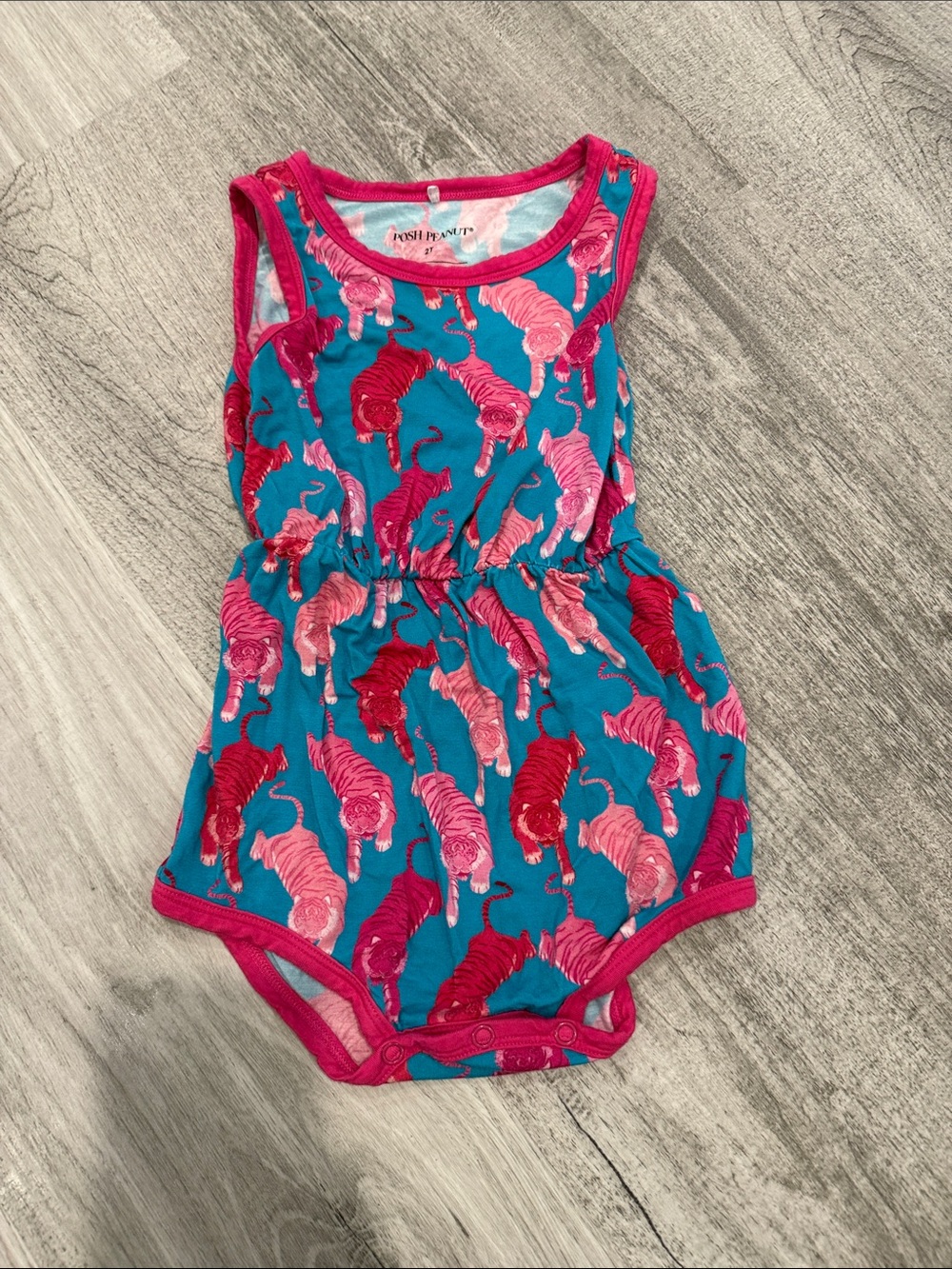 Posh Peanut Teal Sleeveless Romper with Pink Tiger Print